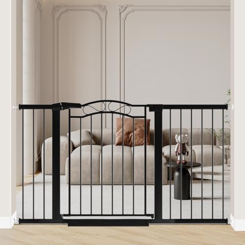 Fairy Baby 54.4"-57.0" Extra Wide Baby Gate with Door, 55 56 57 Inches Walk THR Baby Gates for Stairs Pressure Mounted no Drill, Indoor Tension Metal Child Pet Dog Safety Gate for Kids, Black by FairyBaby