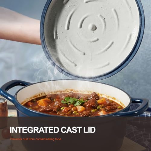 Overmont Enameled Cast Iron Dutch Oven - 5.5QT Pot with Lid Cookbook & Cotton Potholders - Heavy-Duty Cookware for Braising, Stews, Roasting, Bread Baking Midnight Sapphire - Image 2