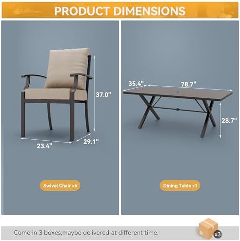 ALAULM 7-Piece Patio Dining Table and Chairs Outdoor Dining Set for 6 Patio Dining Sets with Rectangular Metal Table with Umbrella Hole for Patio, Backyard, Garden-Sand - Image 5