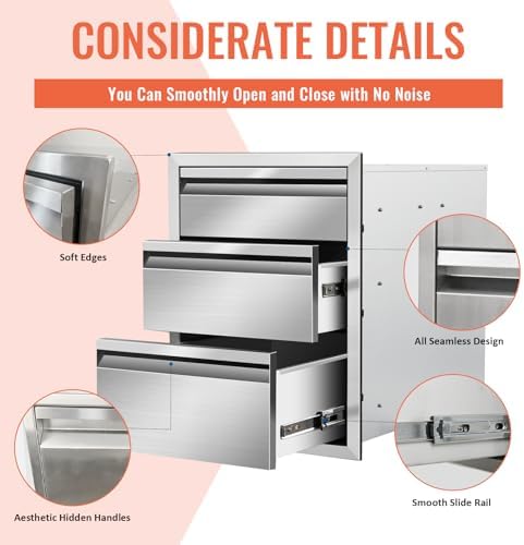 Outdoor Kitchen Drawers 16" W x 21" H x 23" D Triple BBQ Drawers Stainless Steel Built-in Drawer for Outdoor Kitchen Island Patio Grill Station - Image 4