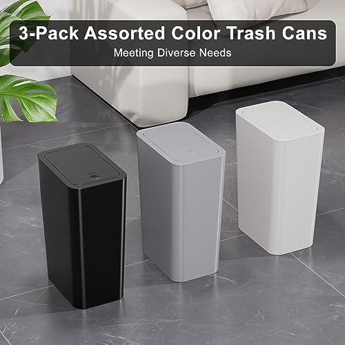 N. NETDOT 3 Pack 10L/2.6 Gal Bathroom Trash Can with Lid, Bin Press Small Can/Slim Garbage Cans/Waste Basket for Bathroom,Kitchen,Office,Bedroom - Black,Gray,Off White NDTR001 - Image 6