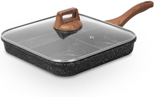 ESLITE LIFE Nonstick Divided Grill Pan with Lid & Tongs for Stove Tops, 11 Inch Versatile 3-In-1 Breakfast Pan, Square Big Grilling Steak Pan for Indoor & Outdoor Cooking, PTFE & PFOA Free, Black by ESLITELIFE