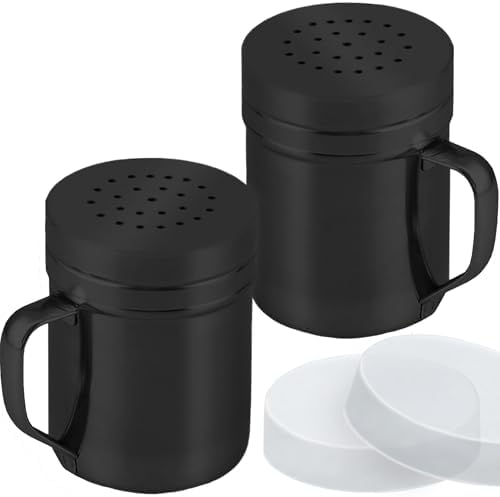 CUSINIUM 6oz Black Stainless Steel Salt Pepper Dredge Shakers - With Plastic Cap - With Handle - Pack of 2 by CUSINIUMKitchenware