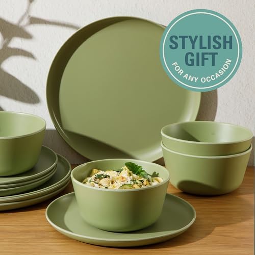 Gibson Home Fairhope 12-Piece Matte Green Melamine Dinnerware Set – Durable Lightweight Plates and Bowls, Kitchen Dining Set - Image 7