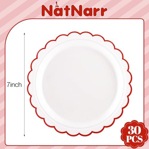 NatNarr 30 Pk Red Paper Plates 7" Scalloped Red White Dessert Cake Plates - Image 2