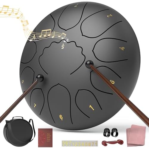 Rain Drum for Outside Garden, 8 Inches 11 Notes Steel Tongue Chakra Drum, Waterproof Meditation Rain Chime, Musical Instruments for Adult Gift with Bag, Music Book, Mallets (Black) by INNOWARMER