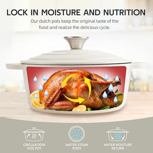 6 Quart Dutch Oven Enameled Cast Iron with Lid - Big Dual Handles - Oven Safe up to 500°F - Classic Round Pot for Versatile Cooking Cream - Image 5