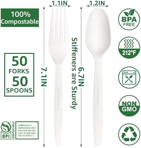 MISISIPI [7.1In 100Pcs] 100% Compostable Forks and Spoons Biodegradable Forks and Spoons HeavyDuty No Plastic Fork and Spoon Eco-friendly HeavyWeight Disposable Forks and Spoon Flatware Set - Image 3