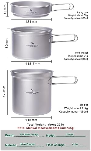 Titanium Pot Pan Set with Folding Handle Outdoor Camping Soup Pot Bowl Frying Pan Mess Kit Picnic Cookware - Image 2