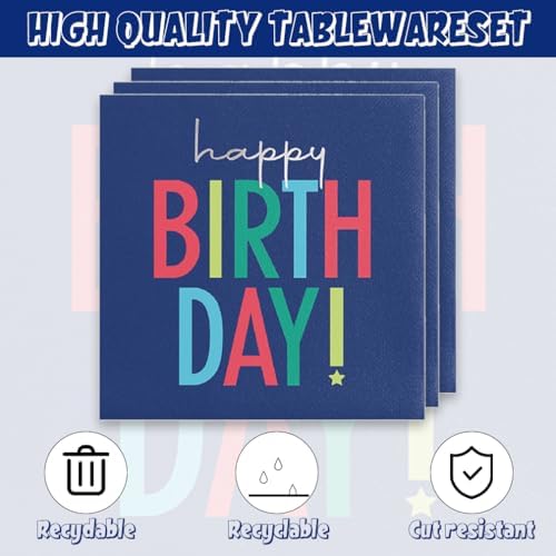 40Pcs Blue Happy Birthday Decorations - Birthday Party or Baby Shower Supplies Disposable Tableware Paper Blue Plates and Napkins Set for 20 Guests - Image 4