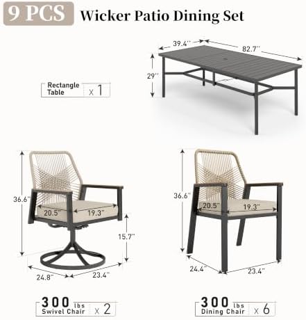 SUNSHINE VALLEY 9pc Patio Dining Set, 83" Metal Table & 8 Rattan Chairs - Image 4