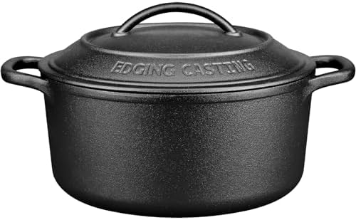Pre-Seasoned Cast Iron Dutch Oven Pot with Lid Dual Handle, Sourdough Bread Baking Pots, Bread Oven, Camping, Grill, Induction, Electric, Round 5 Quart, Black by EDGINGCOOKWARE