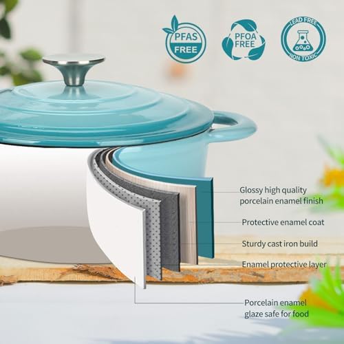 Cast Iron Dutch Oven 4.5 Quart Enameled Cast Iron Dutch Oven Pot with lid Heavy Duty Dutch Oven Dual Handles Porcelain Enameled Cast Iron Pot for Baking Braiser Cooking Family or Friends Gifts,Aqua - Image 4