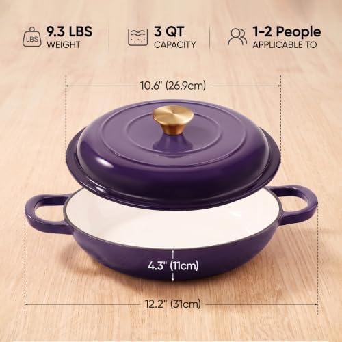 Dutch Oven Enameled Cast Iron with Lid - Big Dual Handles - Oven Safe up to 500°F - Classic Round Pot for Versatile Cooking 3 QT Shallow Pot Purple - Image 2