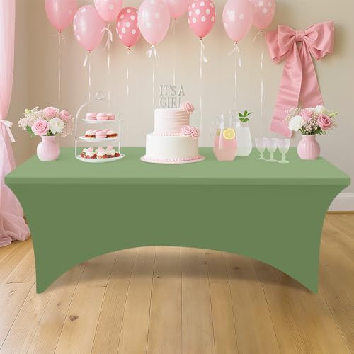 Smiry 2 Pack Spandex Table Cloth 8FT, Elastic Fitted Sage Green Tablecloth - Image 4