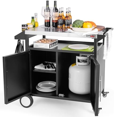 OuterMust Grill Table Outdoor Kitchen Cabinet, Moveable Outdoor Prep Table & Bar for Storage, Grilling and Pizza Oven, Multifunctional Silver & Black - Image 6
