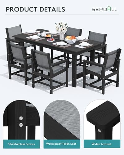 SERWALL 7 Pcs HDPE Patio Dining Set, HDPE Dining Set for 6, Black - Image 5