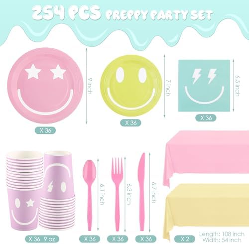 Kochorie 254 Pcs Preppy Smile Face Party Supplies Pastel Tableware Set - Image 2