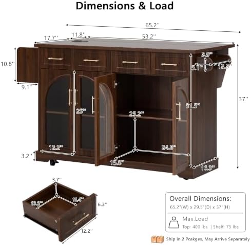 65" Rolling Kitchen Island with Storage and Drop Leaf & Arched Door Brown - Image 2