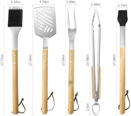5 pcs Heavy-Duty Wooden BBQ Grilling Tools Set, Extra Thick Stainless Steel Multi-Functional Spatula, Fork, Tong, Oiling Brush & Cleaning Brush - an Excellent Barbecue Gift for Men - Image 2