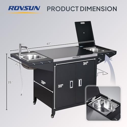 ROVSUN Outdoor Grill Cart with Sink, 304 Stainless Steel Sink with Chilly Bin Cooler, Rolling Kitchen Prep Island with Cabinet, Bottle Opener, Rubbish Rack, Patio, Gardens, Backyards - Image 4