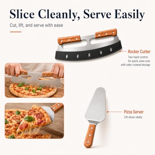 Pizza Peel Set, 8 Piece Pizza Oven Accessories Kit, 12x14 Inch Aluminum Pizza Paddle with Foldable Wooden Handle, 8 Inch Perforated Mini Peel, Rocker Cutter, Scraper, Server, Brush, Glove & Bag - Image 4