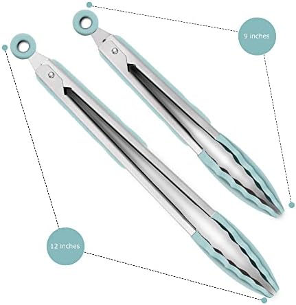 2 Pack Silicone Kitchen Tongs, 9 & 12 Inch, Stainless Steel, Aqua Sky - Image 3