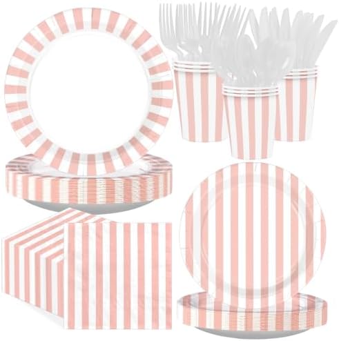 168 Pcs Pink White Striped Party Decorations for Girls Birthday, Serves 24 by Greencian