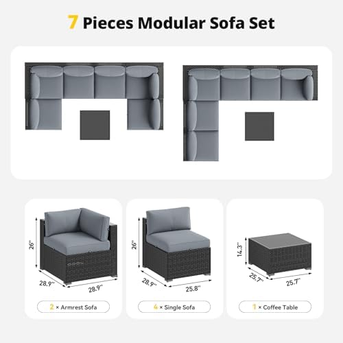 Aoxun Patio Furniture Set with Umbrella, 8 Piece Outdoor Sectional Sofas, Wicker Rattan Outdoor Furniture with Thickened Cushion for Backyard, Garden Light Grey - Image 7