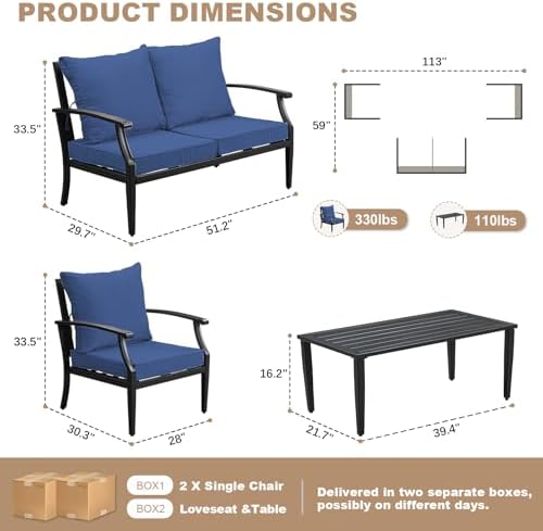 4-Piece Patio Furniture Set, Wider Outdoor Metal Seating Sofa with High Back & Lovsest, Coffee Table, All Weather Conversation for Backyard, Poolside, Deck-Navy - Image 5