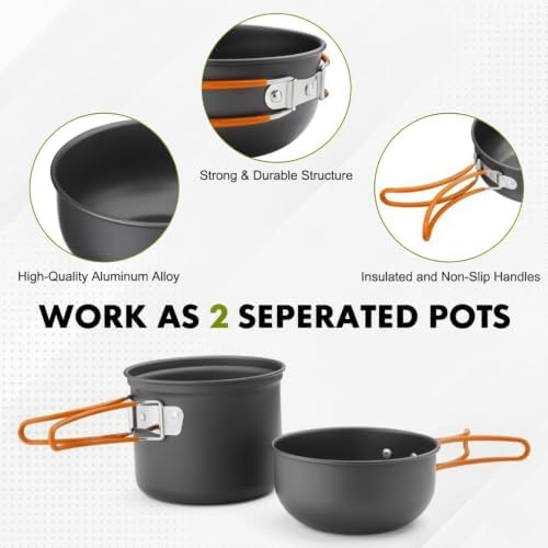 Camping Cookware Kit Backpacking, 0.33Gal Pots and 0.17Gal Pans Set,0.08Gal SUS304 Cup, Forks Knives Spoons for Hiking,Camping,Outdoor Cooking,Picnic,Solo Camping cookware - Image 3