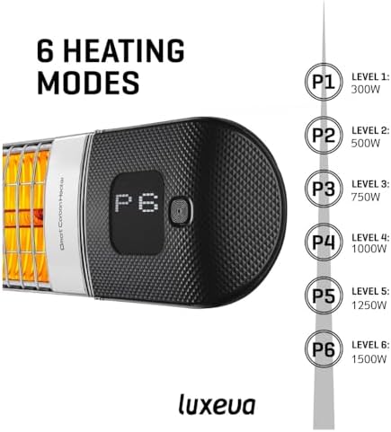 Luxeva Infrared Patio Heater 2-in-1 Wall-Mounted & Freestanding Indoor & Outdoor 300/1500W – 6 Heat Modes – Instant Heat in 3 Sec – Protective Cover – IP55 Waterproof – Remote Control (BLACK/SILVER) - Image 4