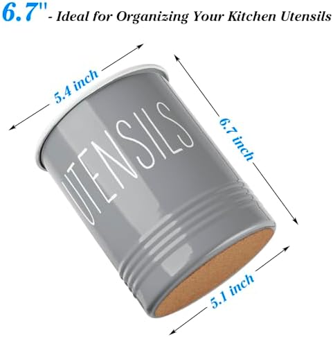 Bivvclaz Gray Kitchen Utensil Holder, 6.7" Utensil Holder for Counter, Cooking Utensil Crock with Cork Bottom, Modern Farmhouse Kitchen Decor, Countertop Utensil Storage Organizer Caddy - Image 2