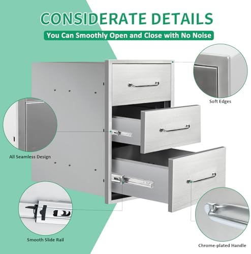 Outdoor Kitchen Drawers 14" W x 21" H x 21" D Stainless Steel Triple Drawers with Ergonomic Handle for BBQ Island, Patio Grill Station & Outdoor Kitchen Cabinets - Image 4