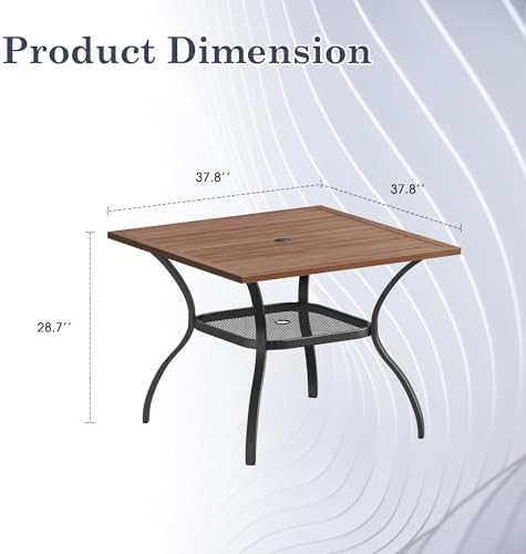 Outdoor Dining Table with Adjustable Umbrella Hole, 37.8" All-Weather Square Patio Dining Table for 4, Metal Patio Table for Garden Lawn Porch Deck Yard, Walnut - Image 2