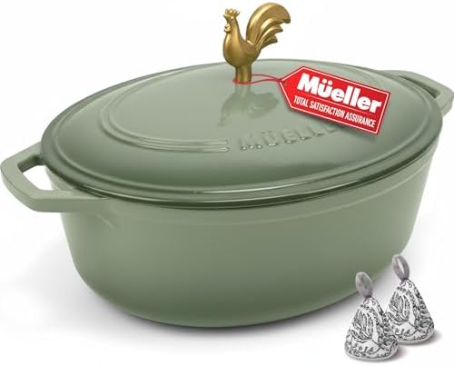 MUELLER HOME 5.5 Quart Enameled Cast Iron Oval Dutch Oven w Rooster Knob & Cotton Potholders, Heavy-Duty Cookware, Oven-Safe up to 500° F & Across All Cooktops, Gifts for Grandma & Women, Thyme Green by MUELLERHOME