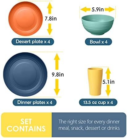 Teivio 16-Piece Kitchen Plastic Wheat Straw Dinnerware Set, Service for 4, Dinner Plates, Dessert Plate, Cereal Bowls, Cups, Unbreakable Plastic Outdoor Camping Dishes, Autumn Multicolor - Image 2