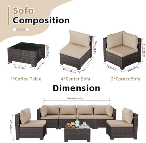 LEVELEVE 7 Pieces Outdoor Patio Furniture Sets,Rattan Conversation Sectional Set,Manual Weaving Wicker Patio Sofa with Tea Table - Image 5