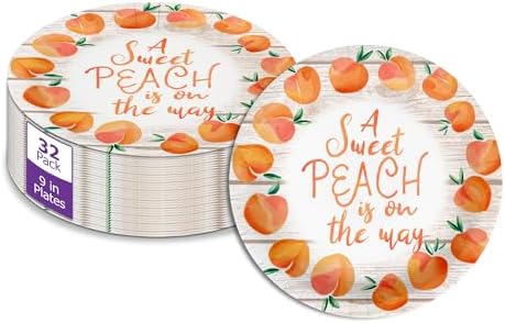 Birthday Galore Sweet Peach on the Way Gender Reveal Baby Shower – 32 Pieces Large 9" Round Disposable Paper Plates – Ideal for Vibrant, Bright Themes, Celebrations, Party Decorations & Special Events by BirthdayGalore