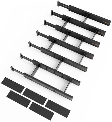 SpaceAid Bamboo Drawer Dividers with Inserts and Labels, Kitchen Adjustable Drawer Organizers, Expandable Organization for Home, Office, Dressers, 7 Dividers with 15 Inserts (17"-22" Black) by SpaceAid