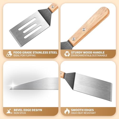 Stainless Steel Spatula Set, Metal Spatula for Cast Iron Skillet, Metal Spatulas for Kitchen Use with Wooden Handle, Ideal for Frying Steak, Pancake, Cookie, Burger, Brownie or Desserts - Image 2