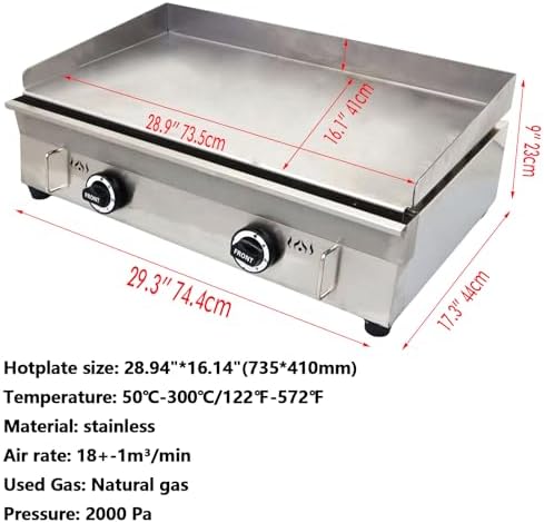 WYDDARY 2000Pa Stainless Steel Natural Gas Grill Griddle Commercial Home Camp Countertop Flat Cooking Griddle Grill 2 Burners Adjustable Temperature Control 122°F-572°F - Image 2