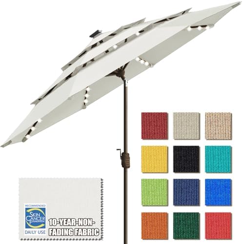 EliteShade USA 10-Year-Non-Fading 9ft 3-Tier Market Patio Umbrella, Commercial Table Umbrella with 80 Solar LED Lights, Crank Open, Windproof & UPF 50+ UV Protection for Garden, Deck, Pool, Backyard, White by EliteShade