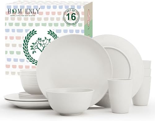 Homienly Wheat Straw Dinnerware Sets - 16 PCS Unbreakable Dinner Plates,Dessert Plates,Cereal Bowls,Drinking Cups,Dishes Sets for 4，Reusable Dishwasher & Microwave Safe for Kitchen - White by HOMIENLY