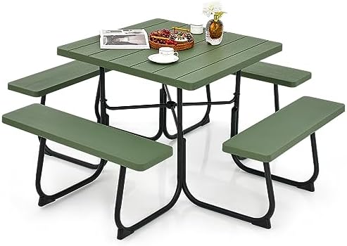 Tangkula 8 Person Square Picnic Table with 4 Built-in Benches, Green by TANGKULA