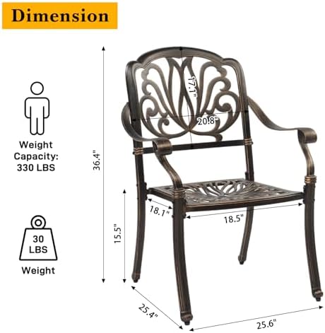 VINGLI 5-Piece Cast Aluminum Outdoor Patio Dining Set with 9ft Umbrella, Space-Saving Stackable Chairs & Table for Yard, Garden, Porch, Poolside - Image 7