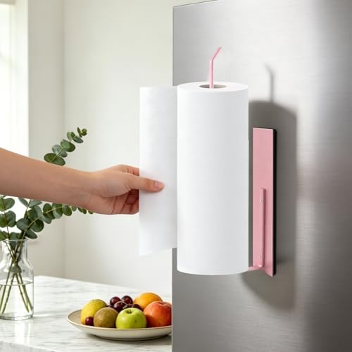 Magnetic Paper Towel Holder, Toilet Paper Roll Holder Towel Rack Wall Mount Fridge Organizer Shelf for Towels Rolls Bar Bathroom Toilet Pantry RV Essentials Kitchen Organizers and Storage Pink - Image 2