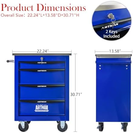 4-Drawer Heavy-Duty Rolling Tool Chest with Wheels & Steel Roof, Lockable Tool Chest Storage Cabinet for Garage, Workshop, Warehouse, and Repair Shop - Image 3