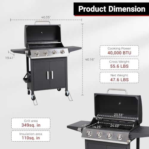 HUGROVE 40,000 BTU Propane Gas Grill, 4 Burner Outdoor BBQ Grill - Image 2