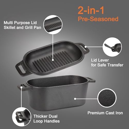 2-in-1 Pre-Seasoned Cast Iron Dutch Oven Pot with Lid as Skillet, Grill Pan, with Lid Lever, Dual Loop Handles, Oval Heavy Dutch Oven for Bread Baking, Frying, Camping, BBQ, 3.8 QT Black - Image 3